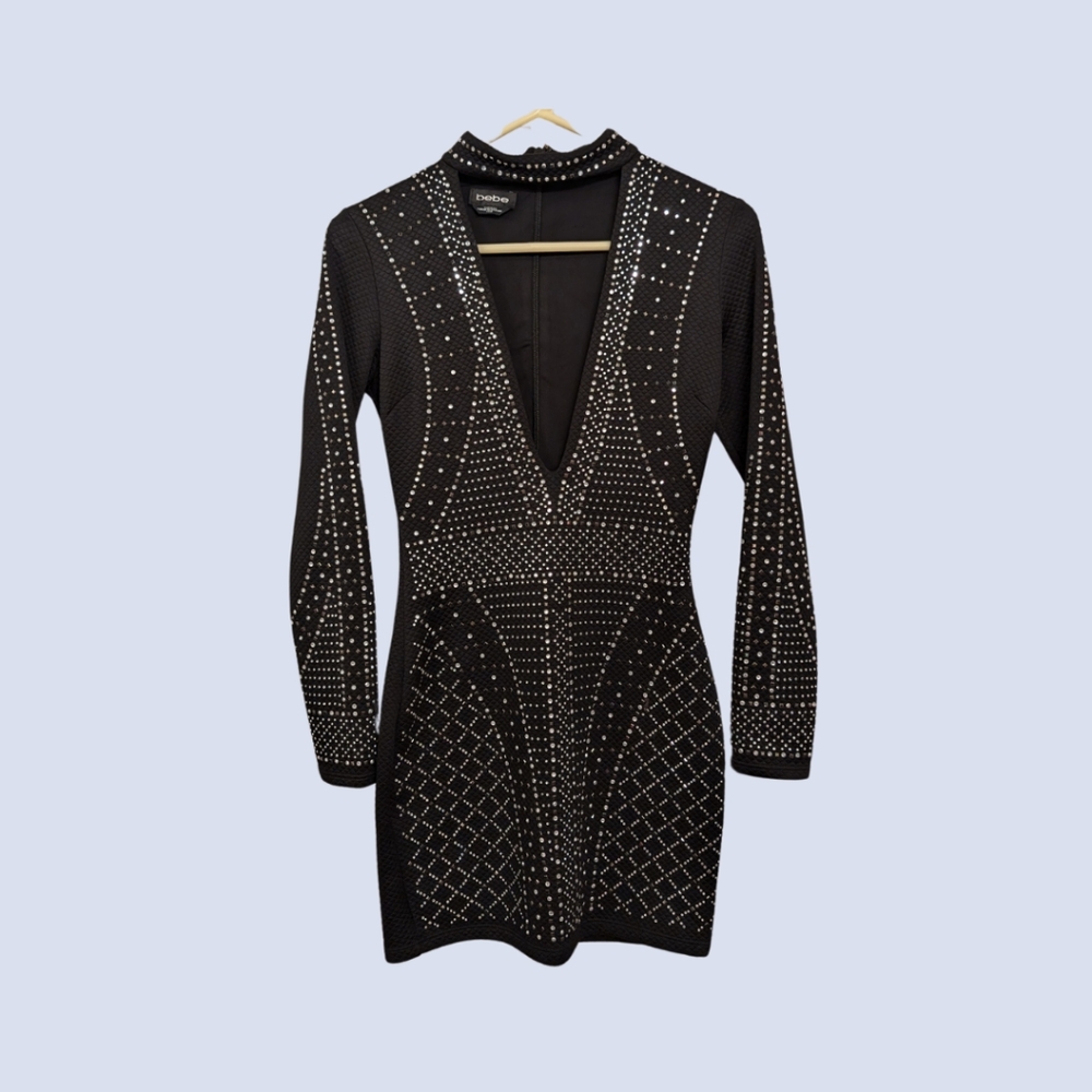 XS bebe embellished long sleeve bodycon dress with deep plunge (vintage)